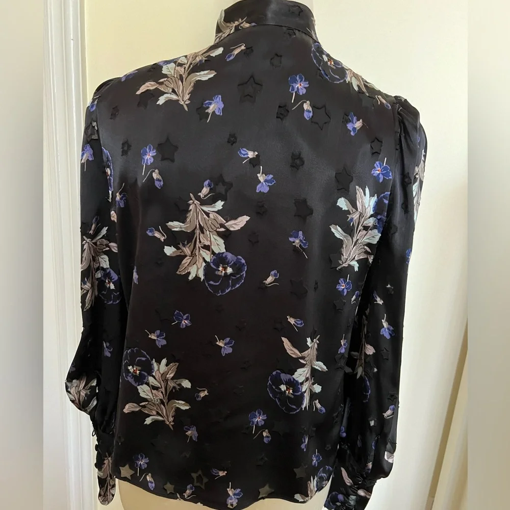 Rebecca Taylor Satin Burnout Scarf Neck Top - Violet Floral Size 4 - Picture 9 of 14